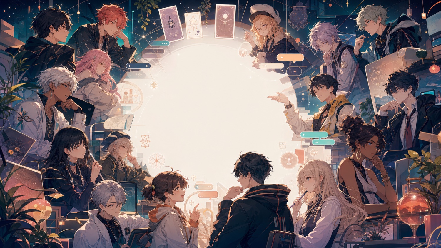 MBTI-chan characters gathered around a bright conversation space